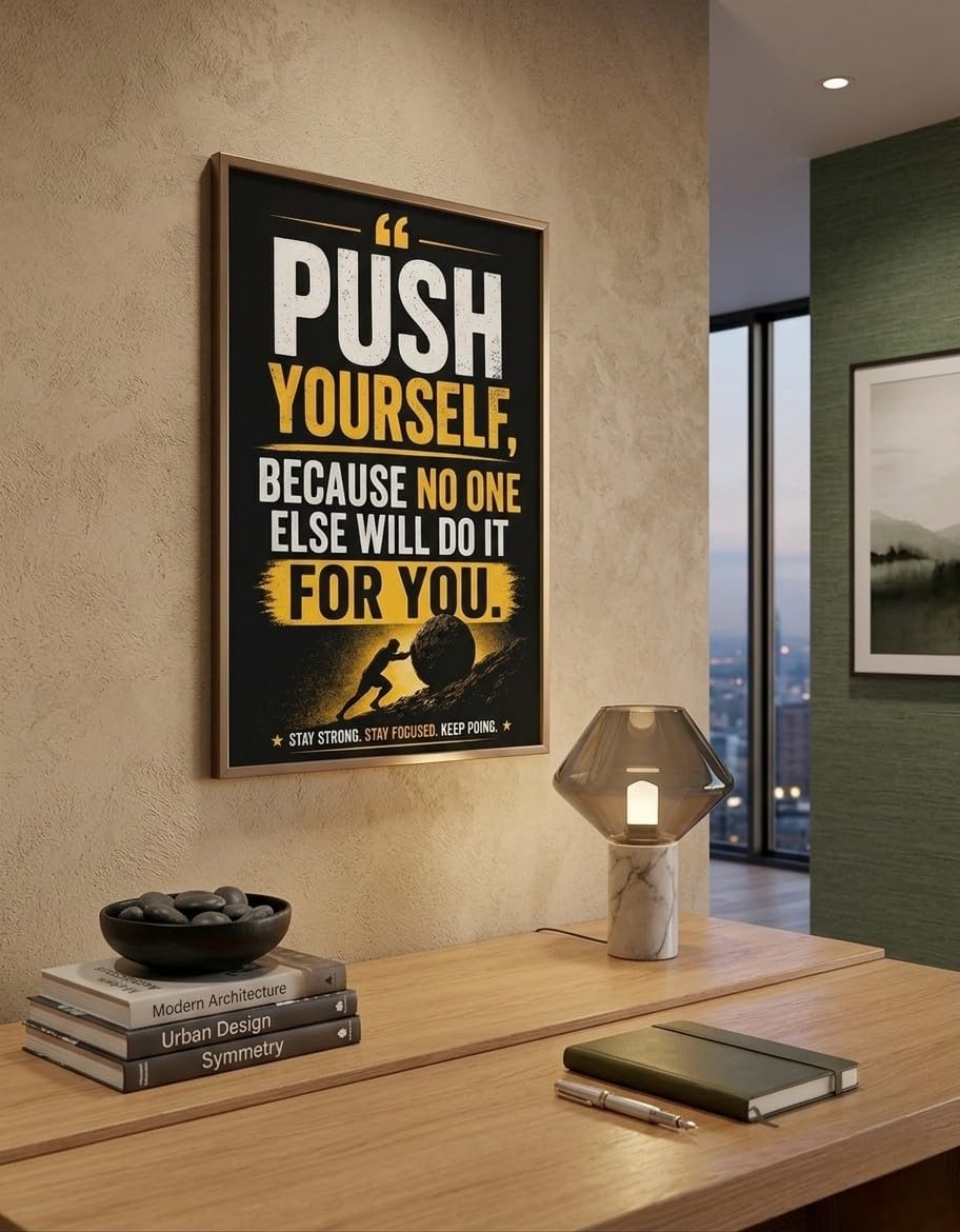 Madlyx Push Yourself Motivational Quote Framed Poster, A4, Shatterproof, Inspirational Wall Decor for Office, Workspace & Bedroom